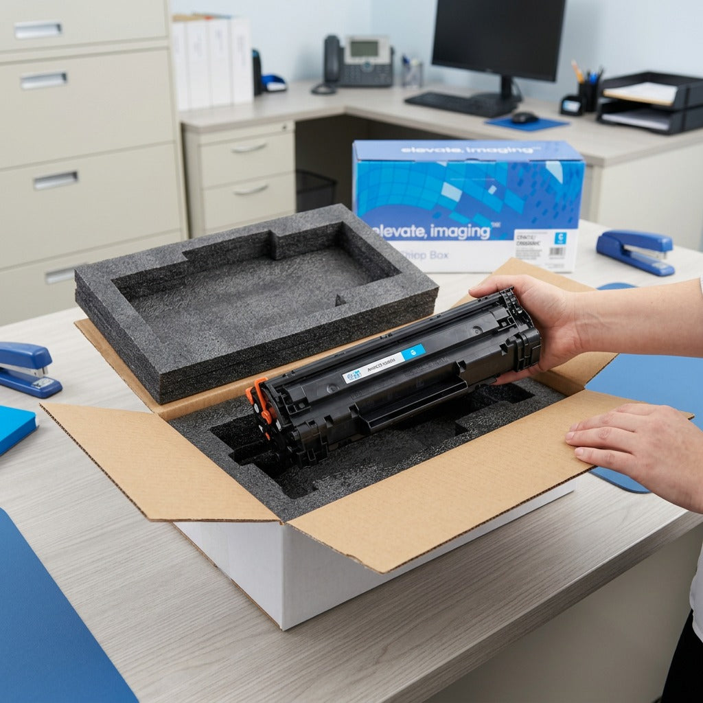A cyan HP 304A CE251A compatible toner cartridge being unpacked from protective foam inside a box.