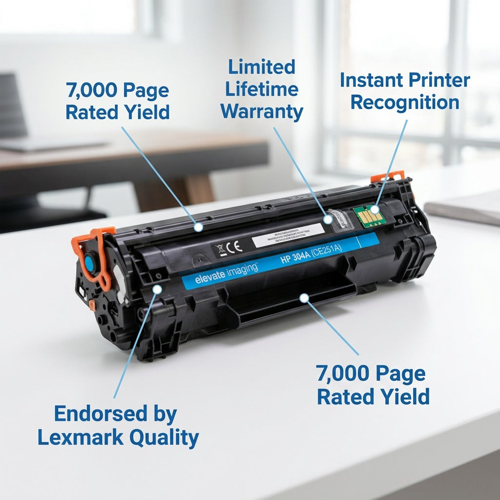 Elevate Imaging HP 304A Cyan Toner Cartridge featuring a 7,000 page yield and smart chip technology.