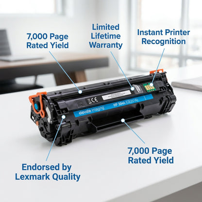 Elevate Imaging HP 304A Cyan Toner Cartridge featuring a 7,000 page yield and smart chip technology.
