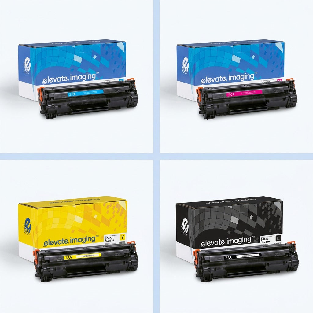 A 2x2 grid showing Elevate Imaging compatible HP 304A toner cartridges in cyan, magenta, yellow, and black.