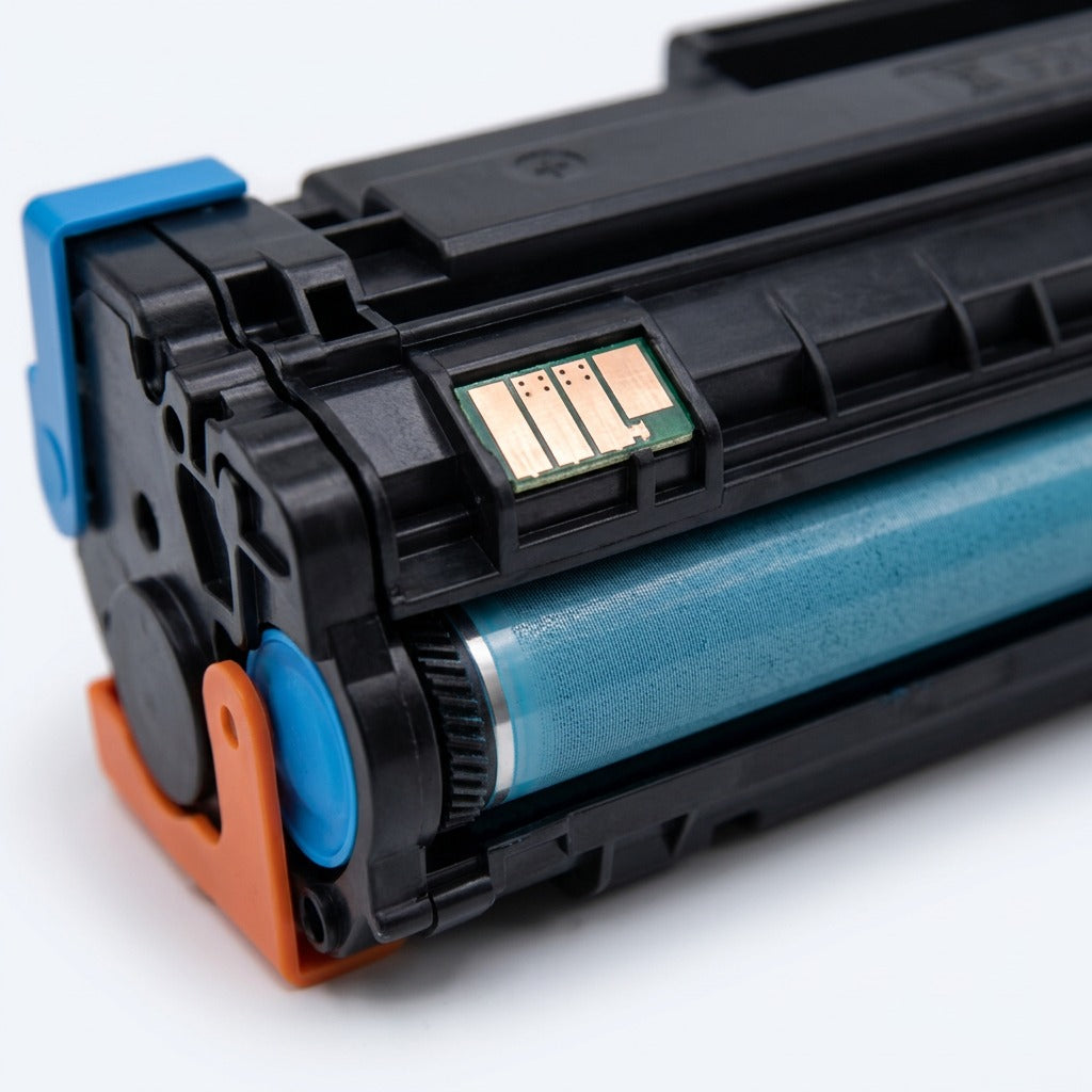 Macro detail of HP 304A Cyan toner cartridge showing the smart chip and blue developer roller.