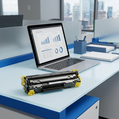 Yellow Elevate Imaging compatible CE252A toner cartridge on a desk next to a laptop for scale.