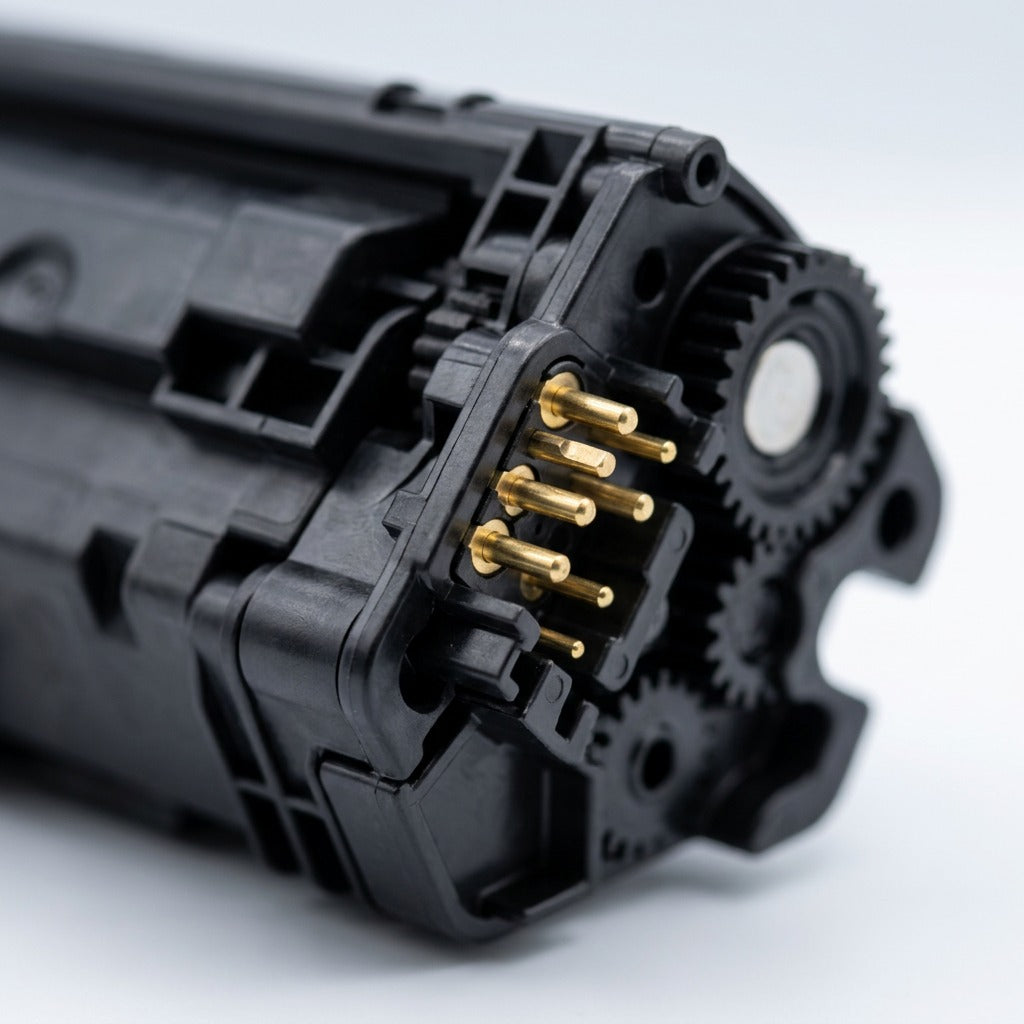 Macro detail of the gold contact pins and drive gears on an Elevate Imaging HP CE252A toner cartridge.