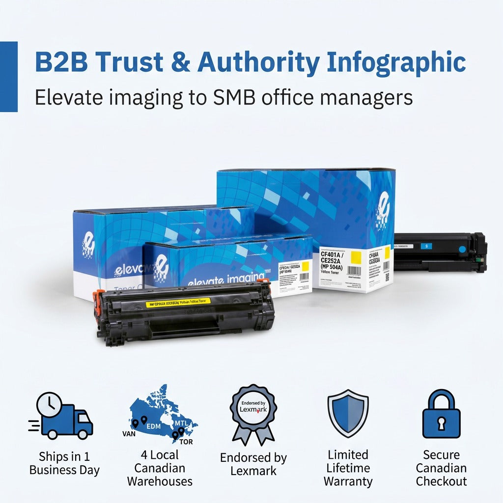 Elevate Imaging HP CE252A Yellow Toner trust infographic showing cartridge, box, and service icons.