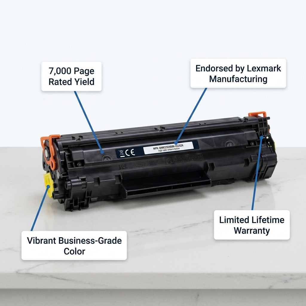 Elevate Imaging Yellow HP CE252A compatible toner cartridge showing features and 7,000 page yield.