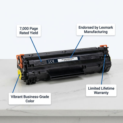 Elevate Imaging Yellow HP CE252A compatible toner cartridge showing features and 7,000 page yield.