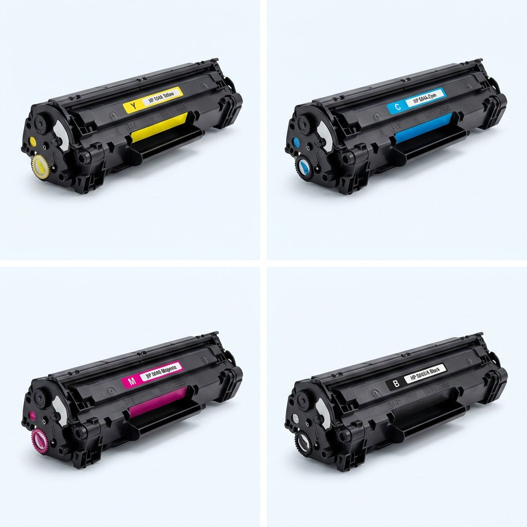 A 2x2 grid showing Elevate Imaging compatible toner cartridges in yellow, cyan, magenta, and black.