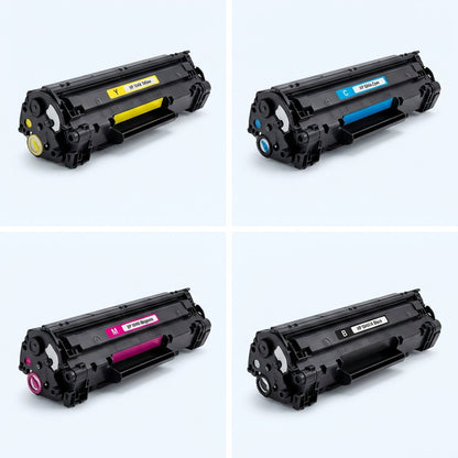 A 2x2 grid showing Elevate Imaging compatible toner cartridges in yellow, cyan, magenta, and black.