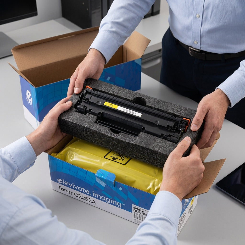 A person unboxing an Elevate Imaging HP CE252A yellow toner cartridge from secure foam packaging.