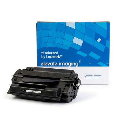 Elevate Imaging black toner cartridge in front of a blue and white box endorsed by Lexmark.