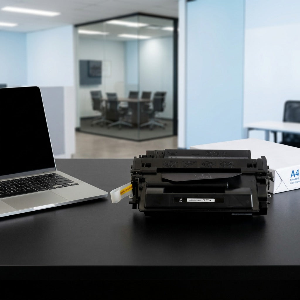 Scale reference of HP 55A compatible toner cartridge beside a laptop and paper ream on an office desk.