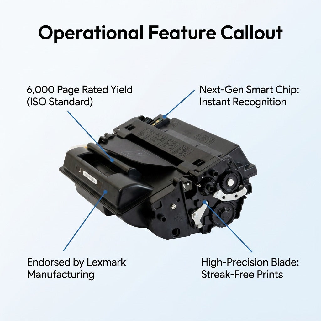 Elevate Imaging HP 55A compatible toner cartridge feature callout for 6,000 page yield and smart chip.