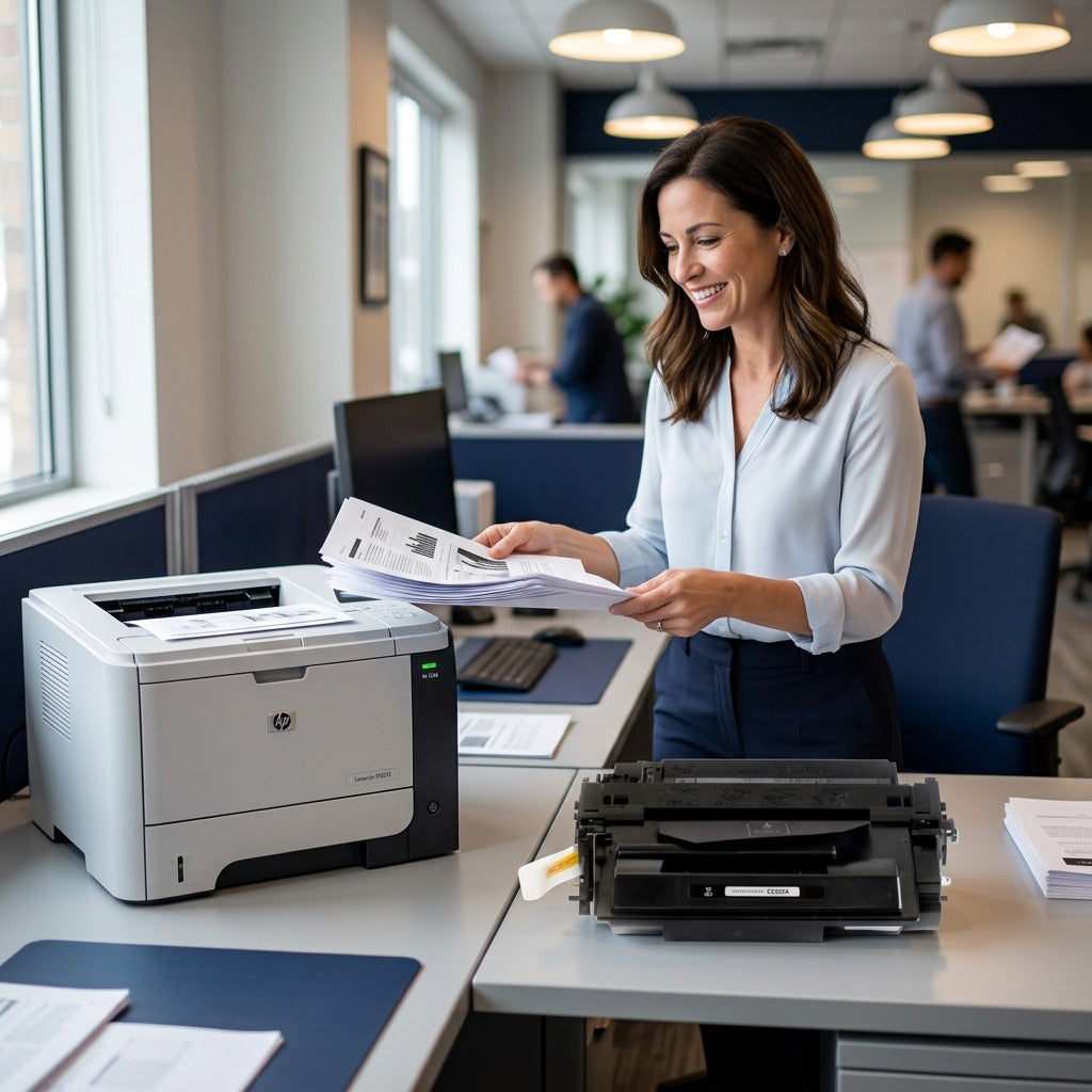 A professional collects printed pages from an HP LaserJet by a compatible HP 55A toner cartridge.