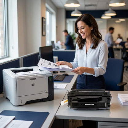 A professional collects printed pages from an HP LaserJet by a compatible HP 55A toner cartridge.