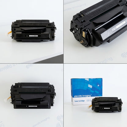 Elevate Imaging compatible HP 55A (CE255A) black toner cartridge shown in four multi-angle views.