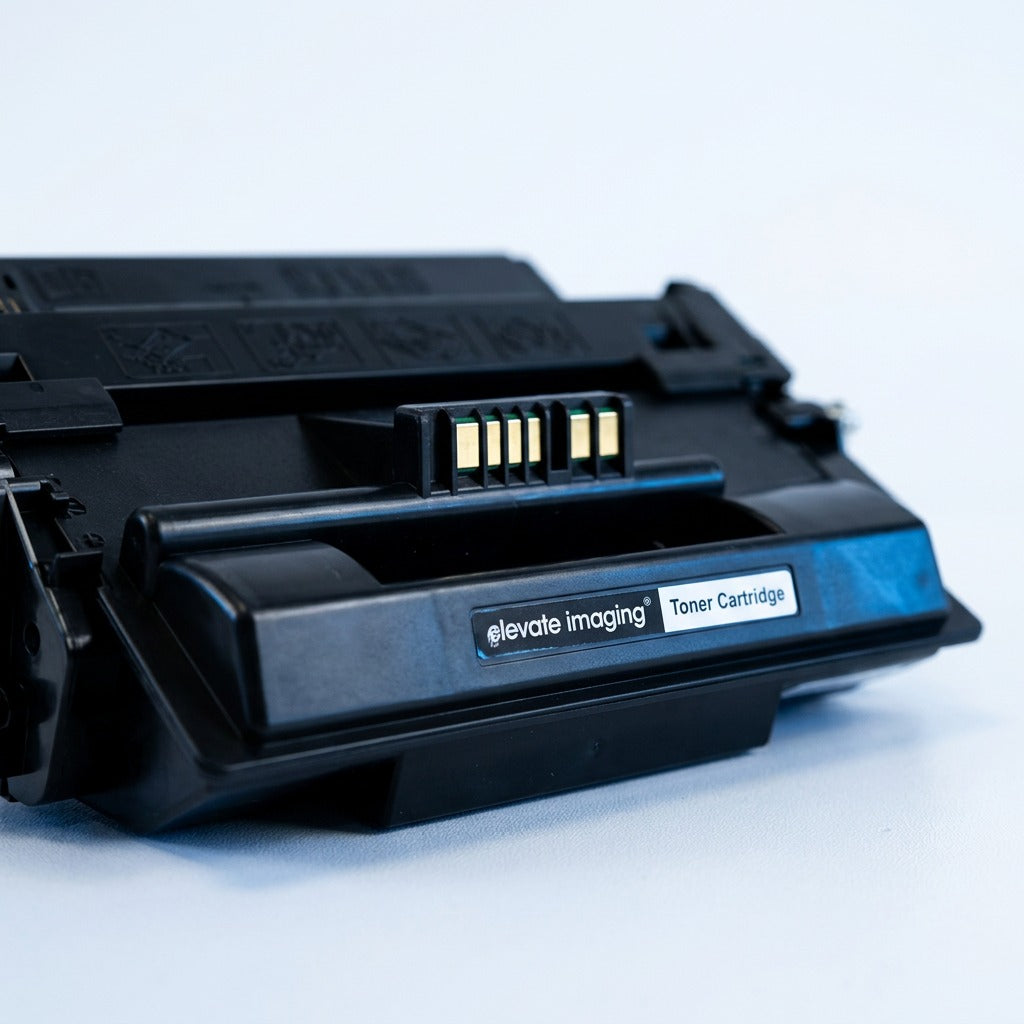 Macro detail of Elevate Imaging HP 55A compatible toner cartridge showing gold electrical chips.