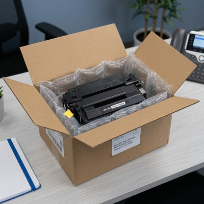 Elevate Imaging HP 55A compatible toner cartridge inside a shipping box with air cushion padding.