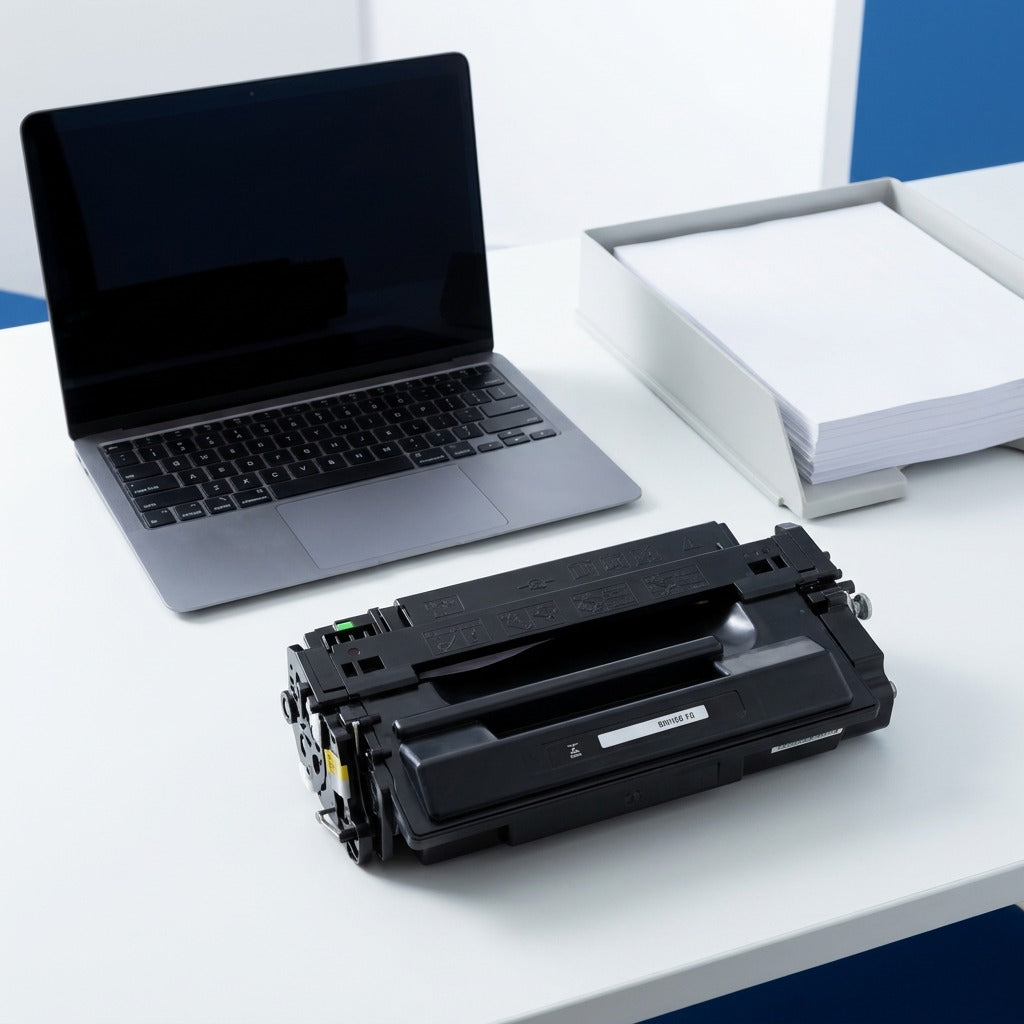 Black HP 55X (CE255X) toner cartridge shown for scale next to a laptop and A4 paper tray on a desk.