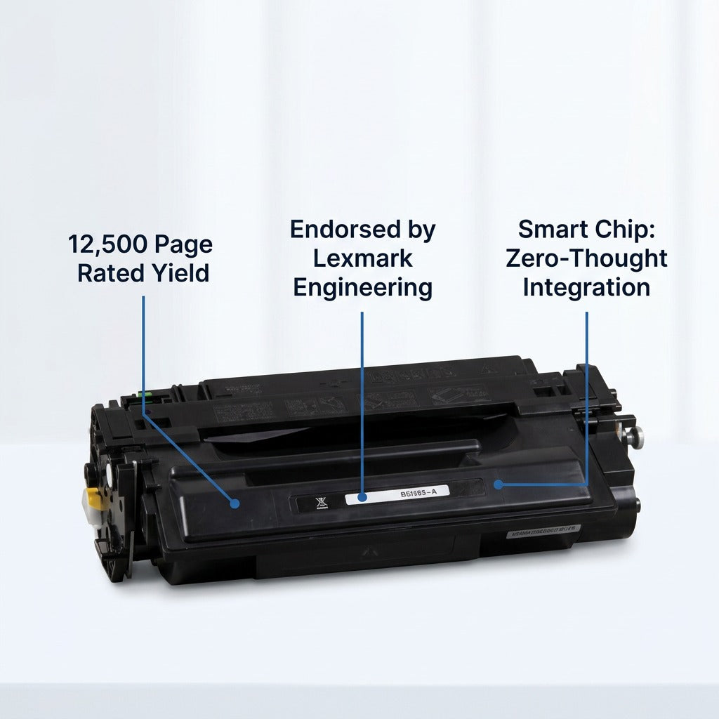 Elevate Imaging HP 55X toner cartridge with callouts for 12,500 page yield and Lexmark endorsement.