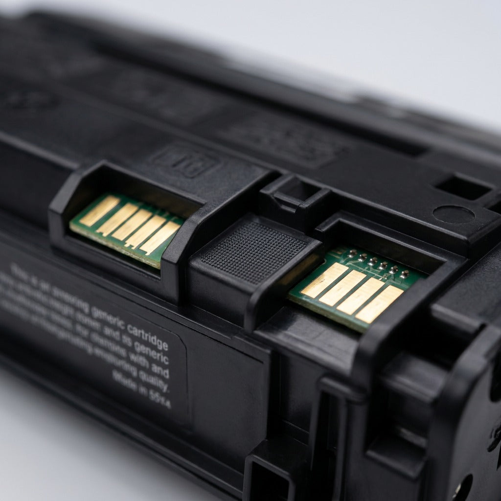 Macro detail of gold-plated electrical contacts and matte black casing on an HP 55X toner cartridge.