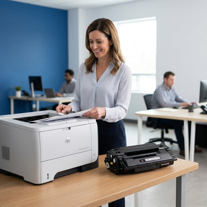 A professional in a bright office retrieves documents from an HP printer next to a 55X toner unit.