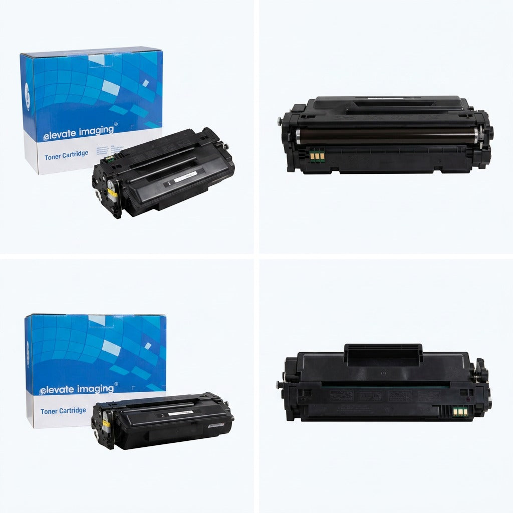 Four views of the Elevate Imaging HP 55X CE255X black toner cartridge showing contact points and box.