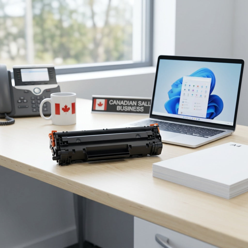 Elevate Imaging HP 647A (CE260A) toner cartridge on a desk next to a laptop for scale.