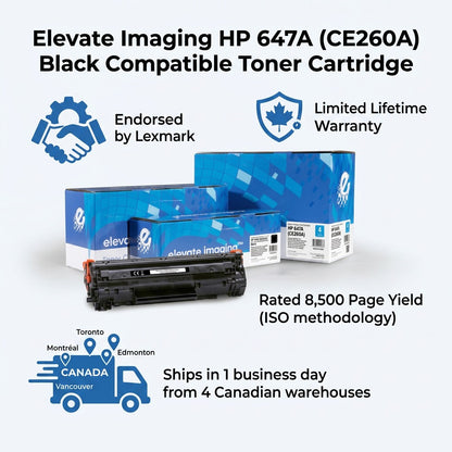 Elevate Imaging HP 647A black toner infographic with lifetime warranty and 8,500 page yield cues.