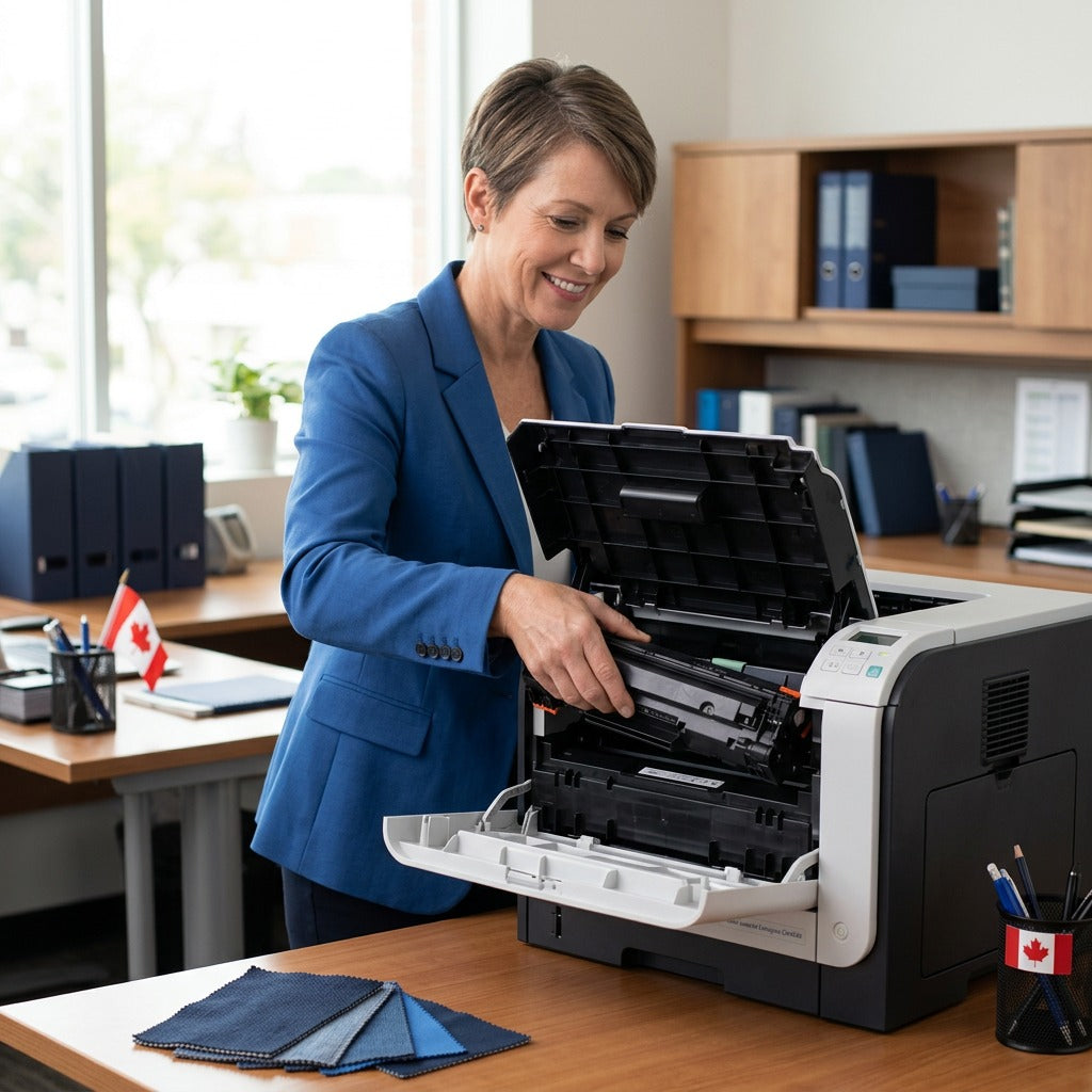 A professional in a blue blazer installs an HP 647A black toner cartridge into an office printer.