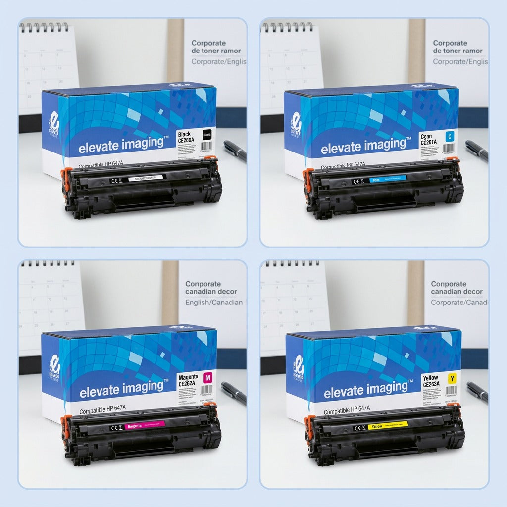 A 2x2 grid showing Elevate Imaging compatible HP 647A toner cartridges in black, cyan, magenta, and yellow.