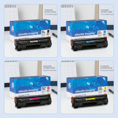 A 2x2 grid showing Elevate Imaging compatible HP 647A toner cartridges in black, cyan, magenta, and yellow.