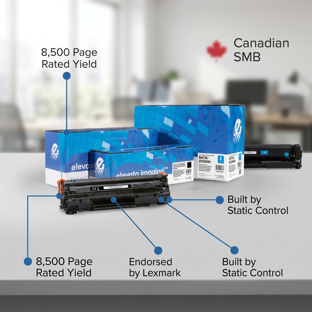Elevate Imaging HP 647A (CE260A) toner cartridge with 8,500 page yield and Lexmark endorsement.
