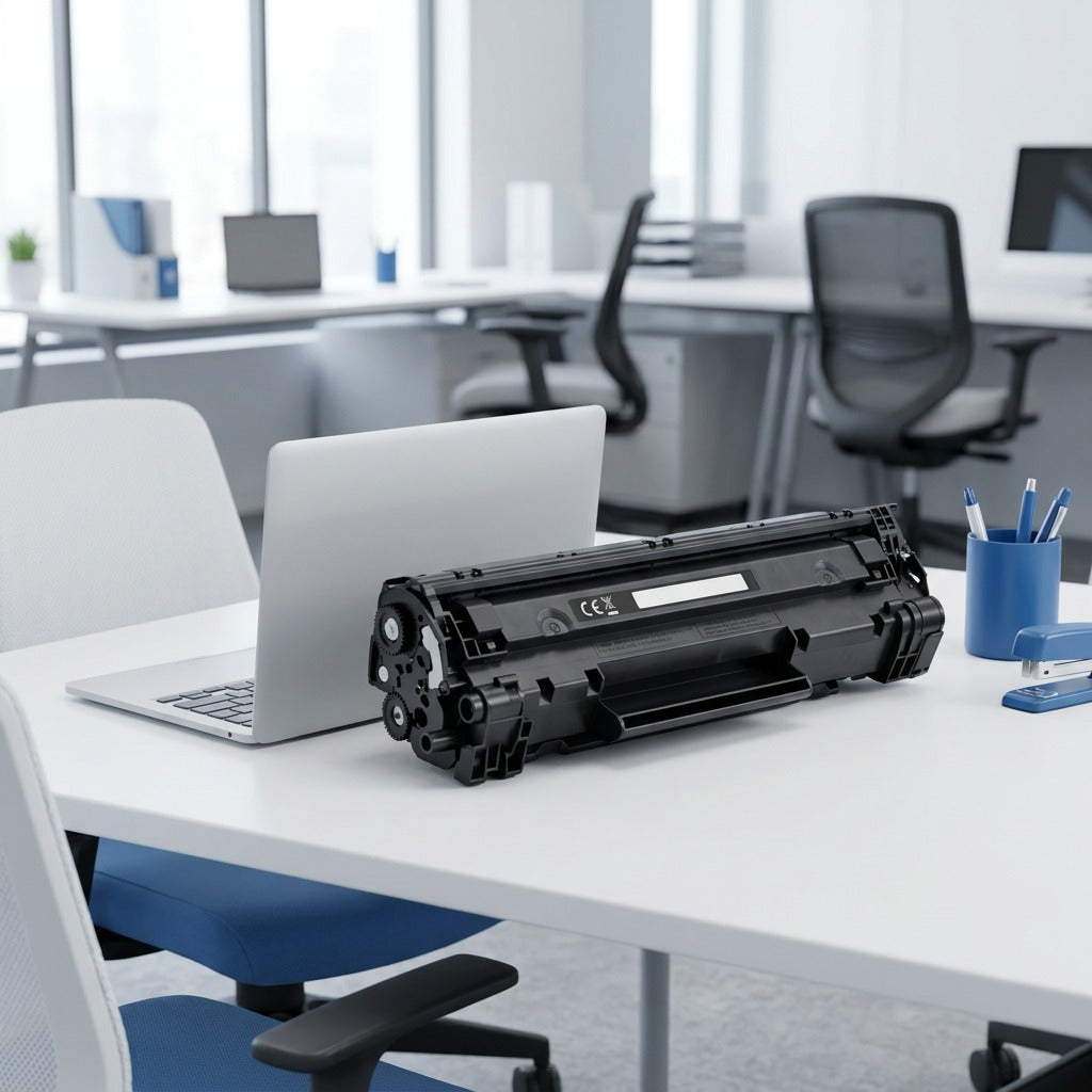 A black Elevate Imaging HP 647A toner cartridge on a desk next to a laptop for scale.
