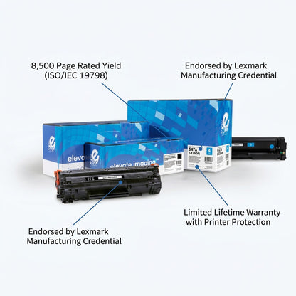 Elevate Imaging HP 647A CE260A remanufactured black toner cartridge with 8,500 page yield callouts.