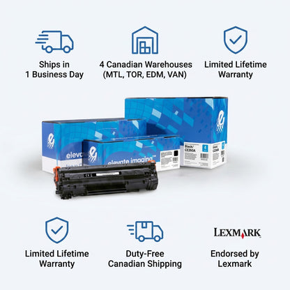 Infographic showing Elevate Imaging CE260A remanufactured toner with fast Canadian shipping and warranty details.