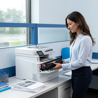 Woman installing an Elevate Imaging HP 647A black toner cartridge into an HP LaserJet printer.
