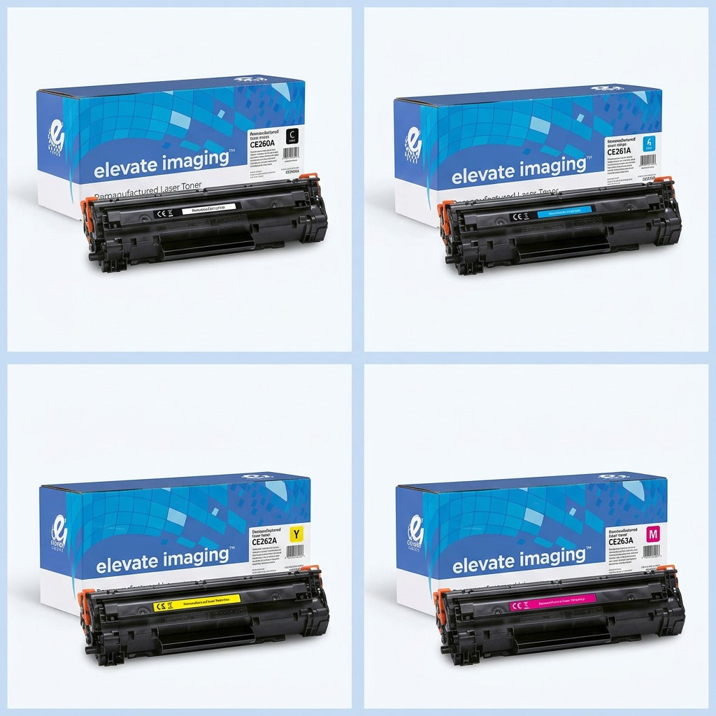 A 2x2 grid showing Elevate Imaging HP 647A series toner cartridges in Black, Cyan, Yellow, and Magenta.