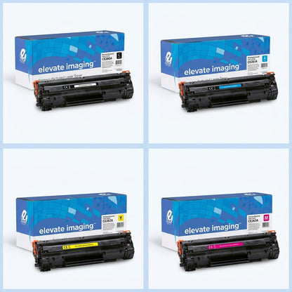 A 2x2 grid showing Elevate Imaging HP 647A series toner cartridges in Black, Cyan, Yellow, and Magenta.