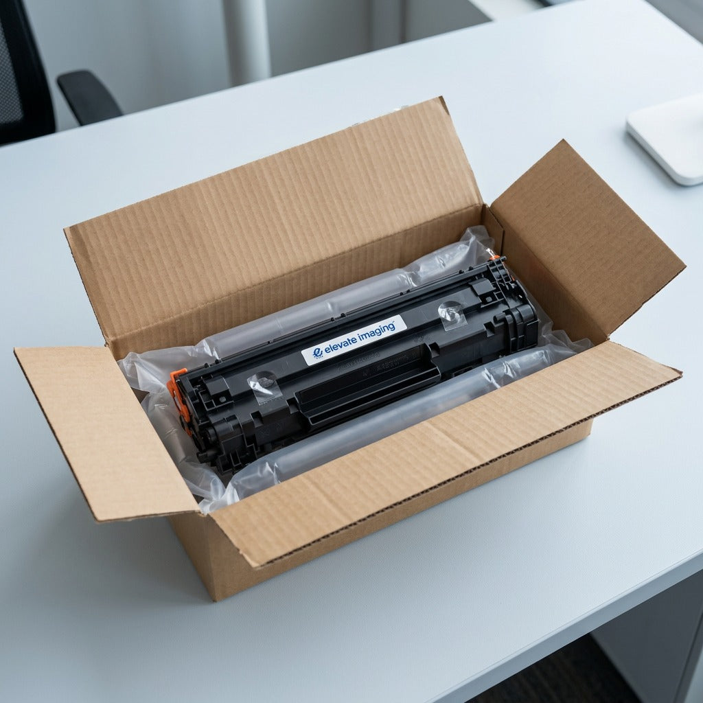 Elevate Imaging HP 647A (CE260A) black toner cartridge unboxed on a white desk in air packaging.