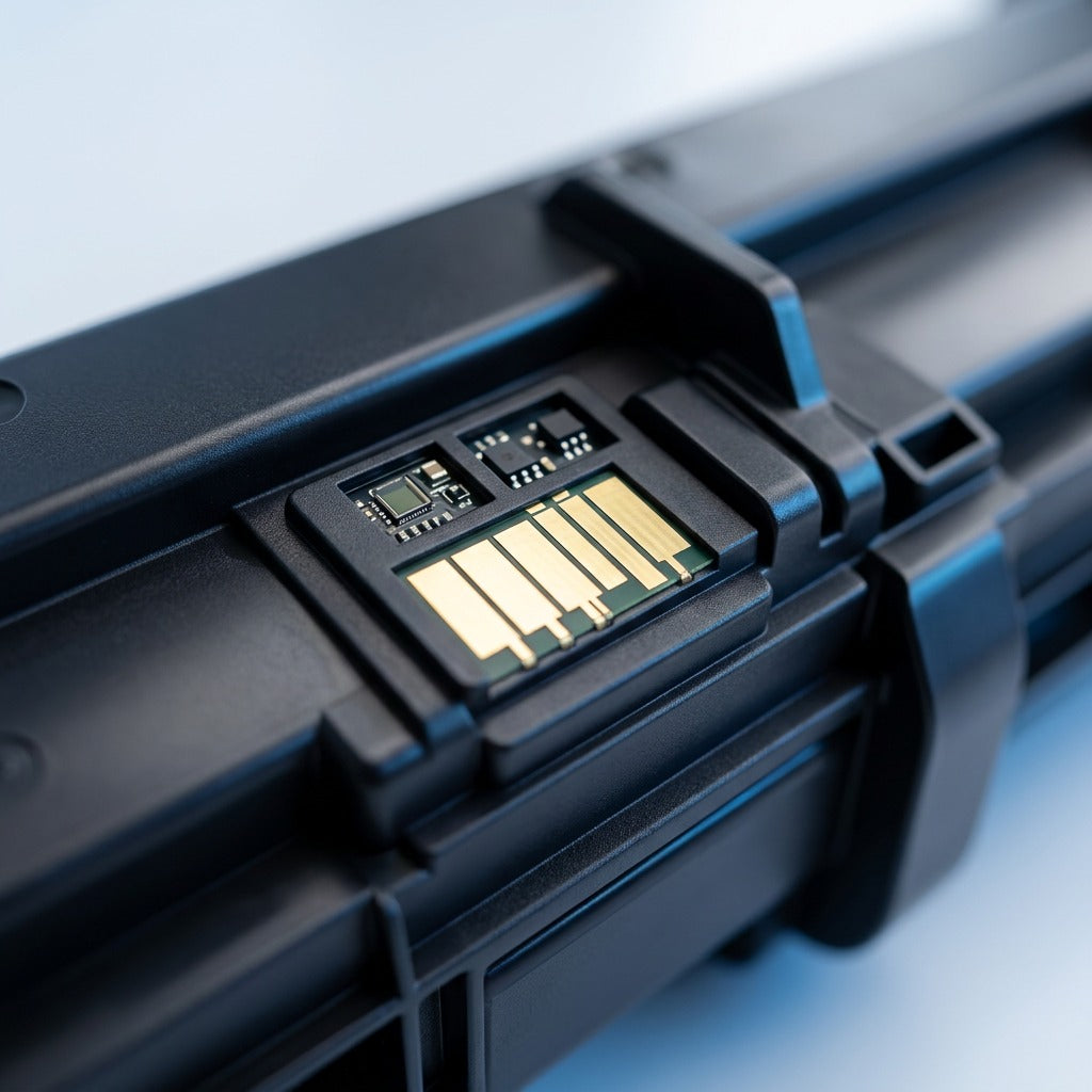 Macro detail of the gold-plated contact chip on an Elevate Imaging HP 647A remanufactured toner.