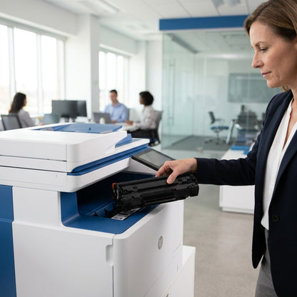 A professional installs a black HP 649X toner cartridge into a large office printer.