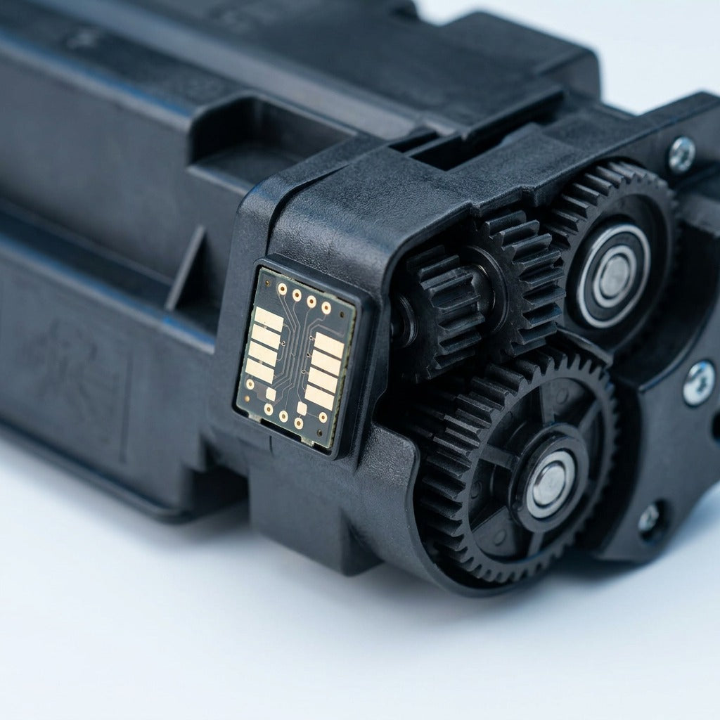 Macro view of the electronic chip and gear assembly of an Elevate Imaging HP 649X toner cartridge.
