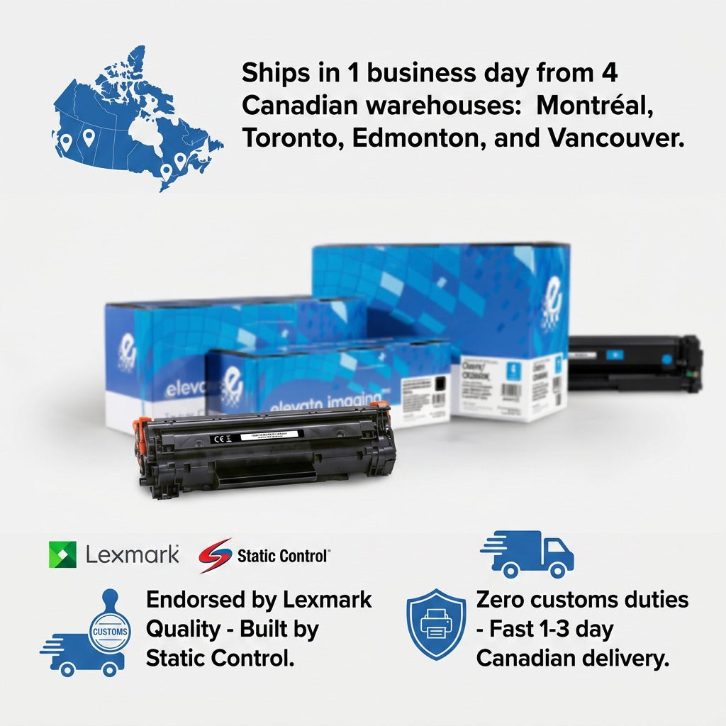 HP 649X black toner infographic highlighting fast Canadian shipping and Lexmark quality endorsement.
