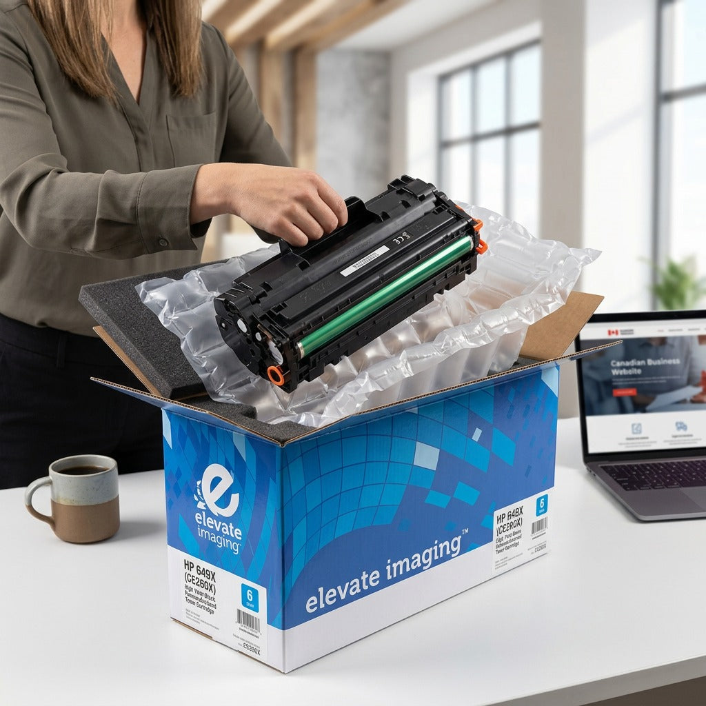 A person unboxing an Elevate Imaging HP 649X black toner cartridge from secure air-cushion packaging.