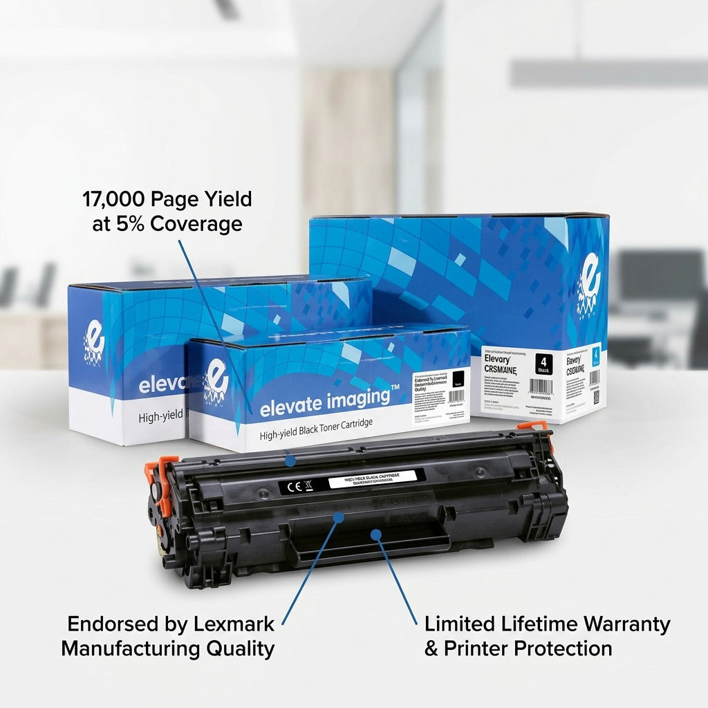 Elevate Imaging CE260X black toner cartridge with 17,000 page yield and Lexmark quality endorsement.