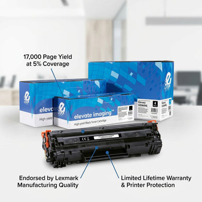 Elevate Imaging CE260X black toner cartridge with 17,000 page yield and Lexmark quality endorsement.