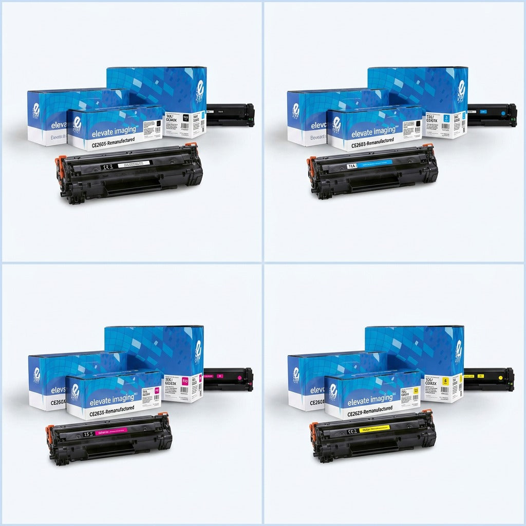 2x2 grid showing Elevate Imaging remanufactured HP 649X black, cyan, magenta, and yellow toner cartridges with boxes.