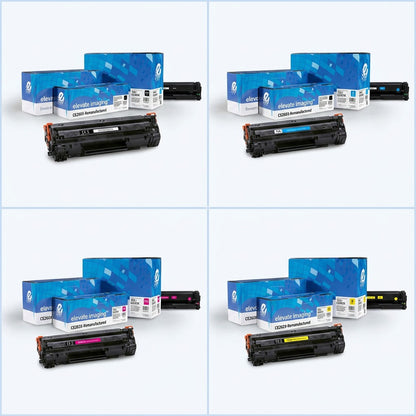 2x2 grid showing Elevate Imaging remanufactured HP 649X black, cyan, magenta, and yellow toner cartridges with boxes.
