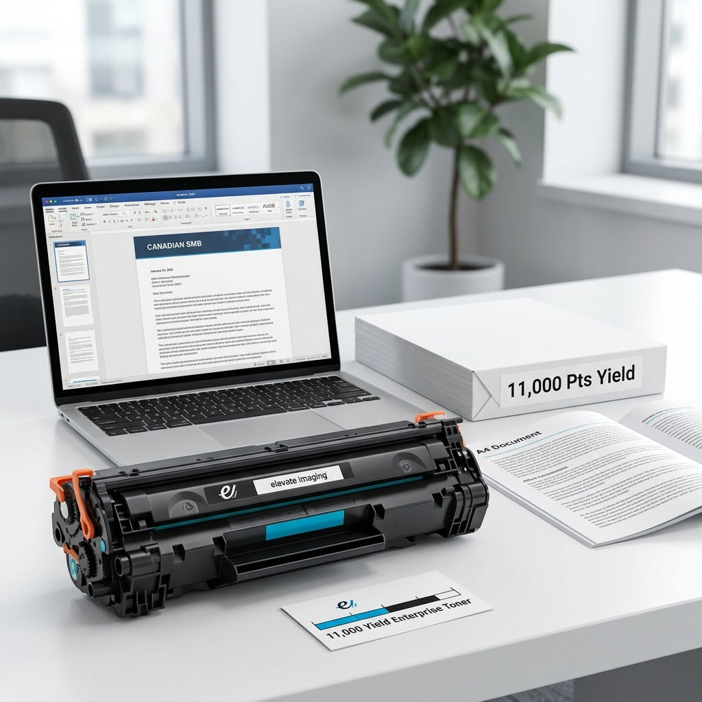 Scale reference of a cyan Elevate Imaging HP 648A toner cartridge on a desk with a laptop and paper.