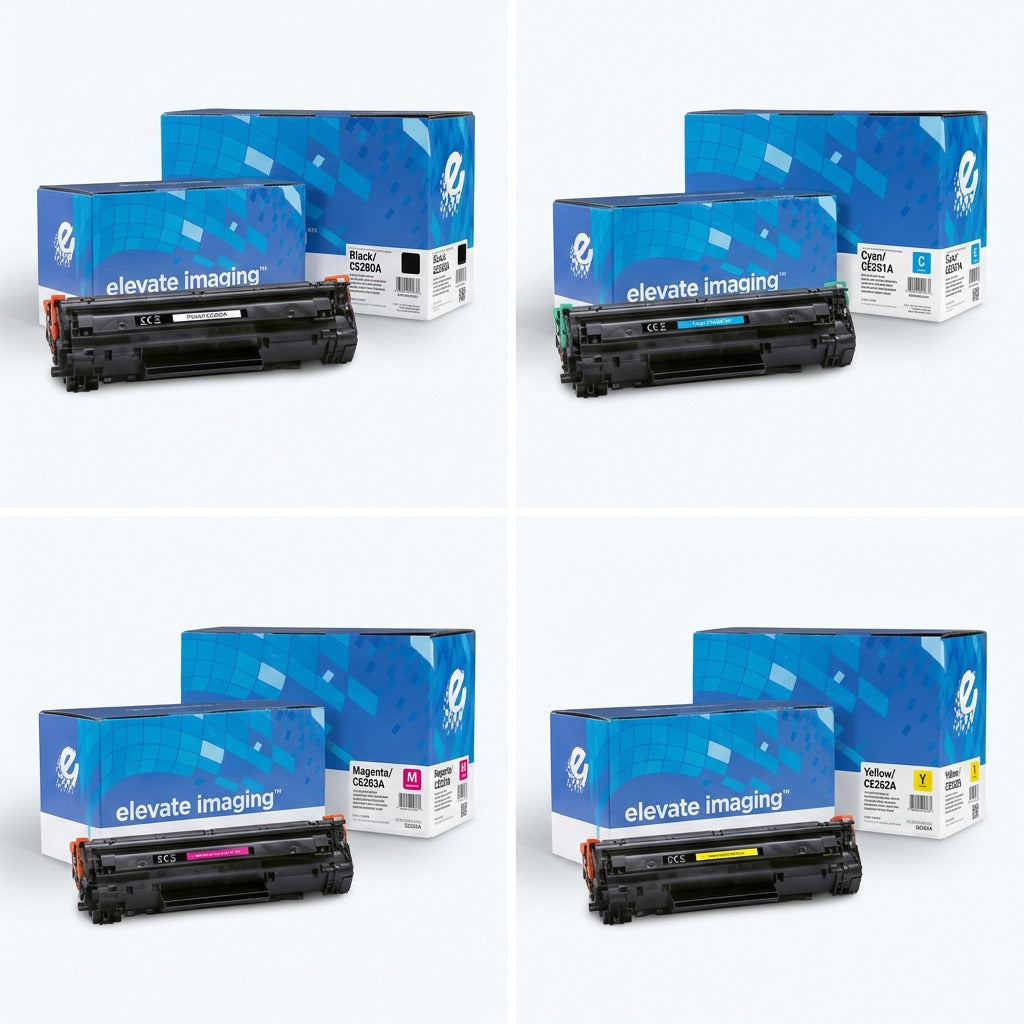 Elevate Imaging HP 648A series toner grid showing black, cyan, magenta, and yellow cartridges.